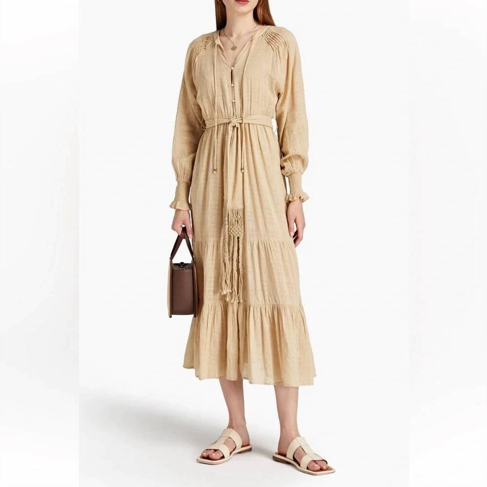 NEW TIGERLILY emine gathered cotton gauze midi dress in sand beige